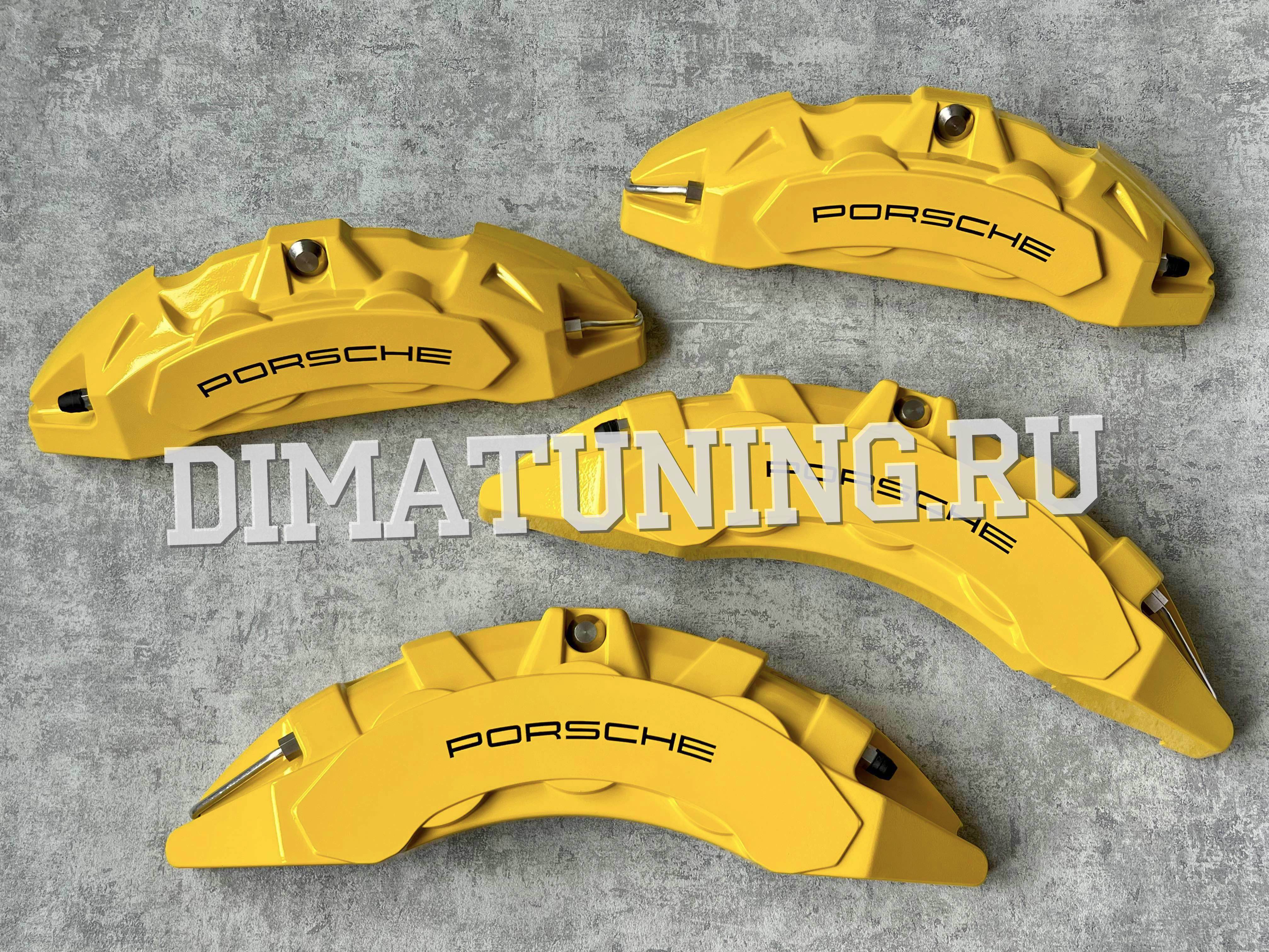 Жёлтые накладки на тормозные суппорта для Порше Каен в стиле Brembo